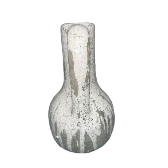 Gray and White Crackled Drip Pottery Mid Century Modern Handle Vase Farmhouse - Picture 2 of 7